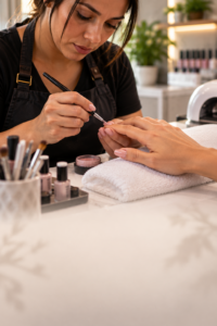 Manicure profissional a aplicar gel na unha de uma cliente num salao claro