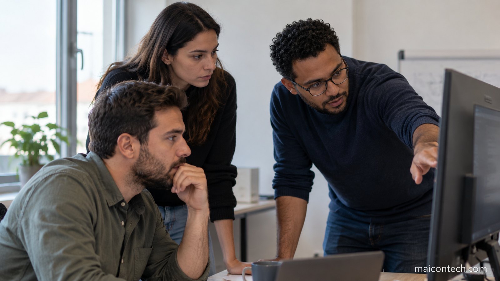 Três colegas de uma equipa pequena analisam um ecrã num escritório, um deles a apontar