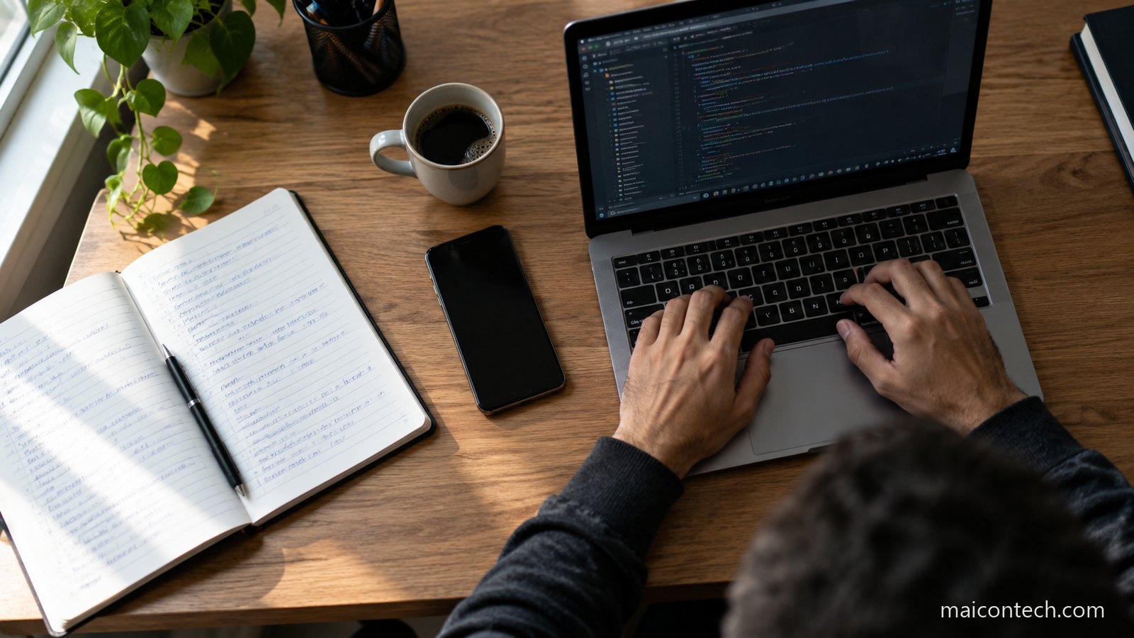 Vista de cima de uma secretária com mãos no teclado, caderno aberto com anotações, telemóvel e chávena de café