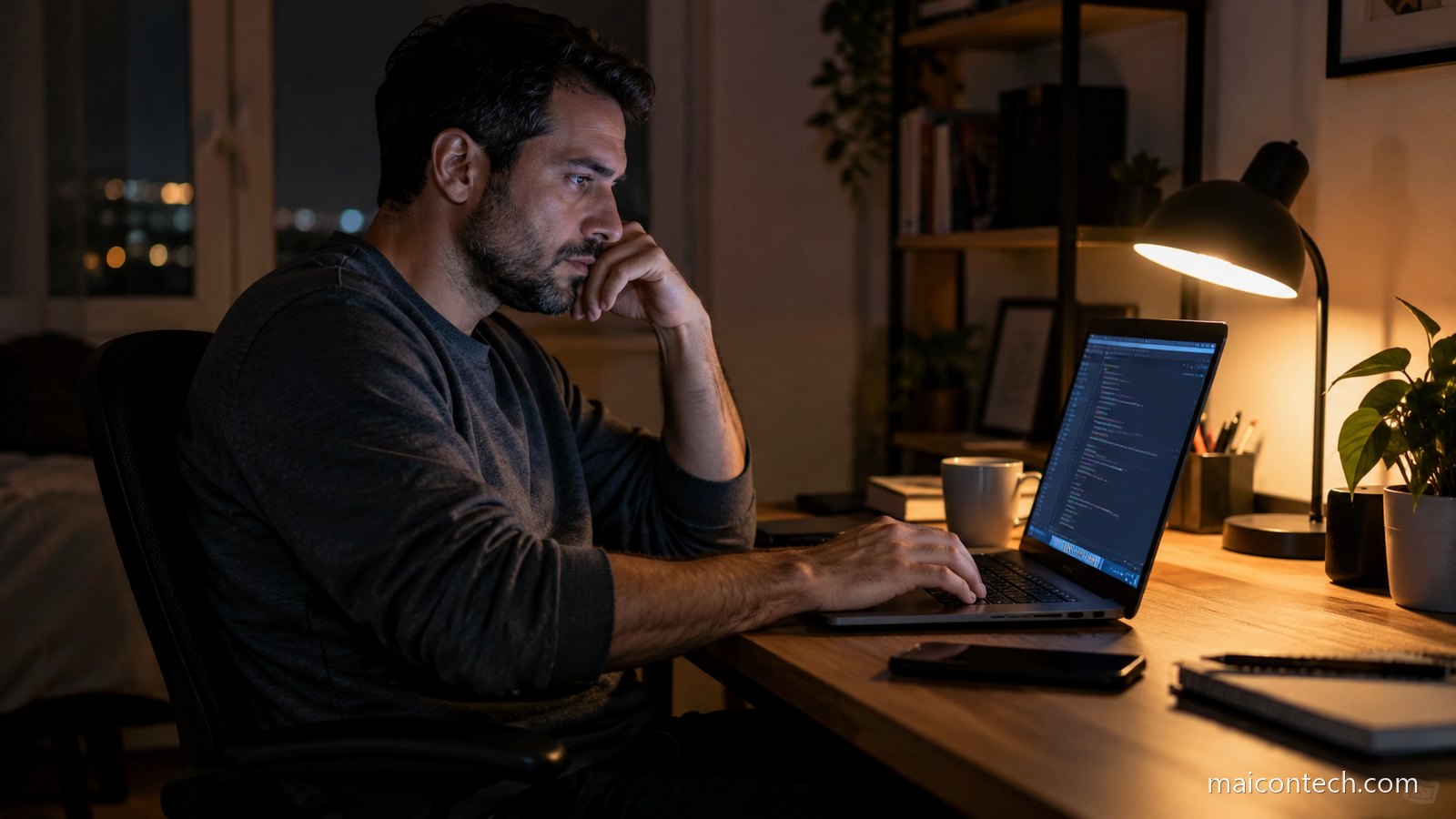 Programador trabalha sozinho no computador portátil num escritório em casa à noite, iluminado só pelo candeeiro e pelo ecrã