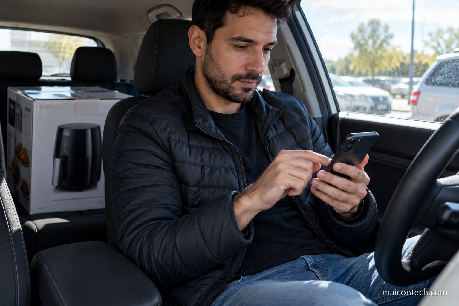 Homem sentado ao volante de um carro parado a preencher um formulario no telemovel, com uma caixa de eletrodomestico no banco de tras