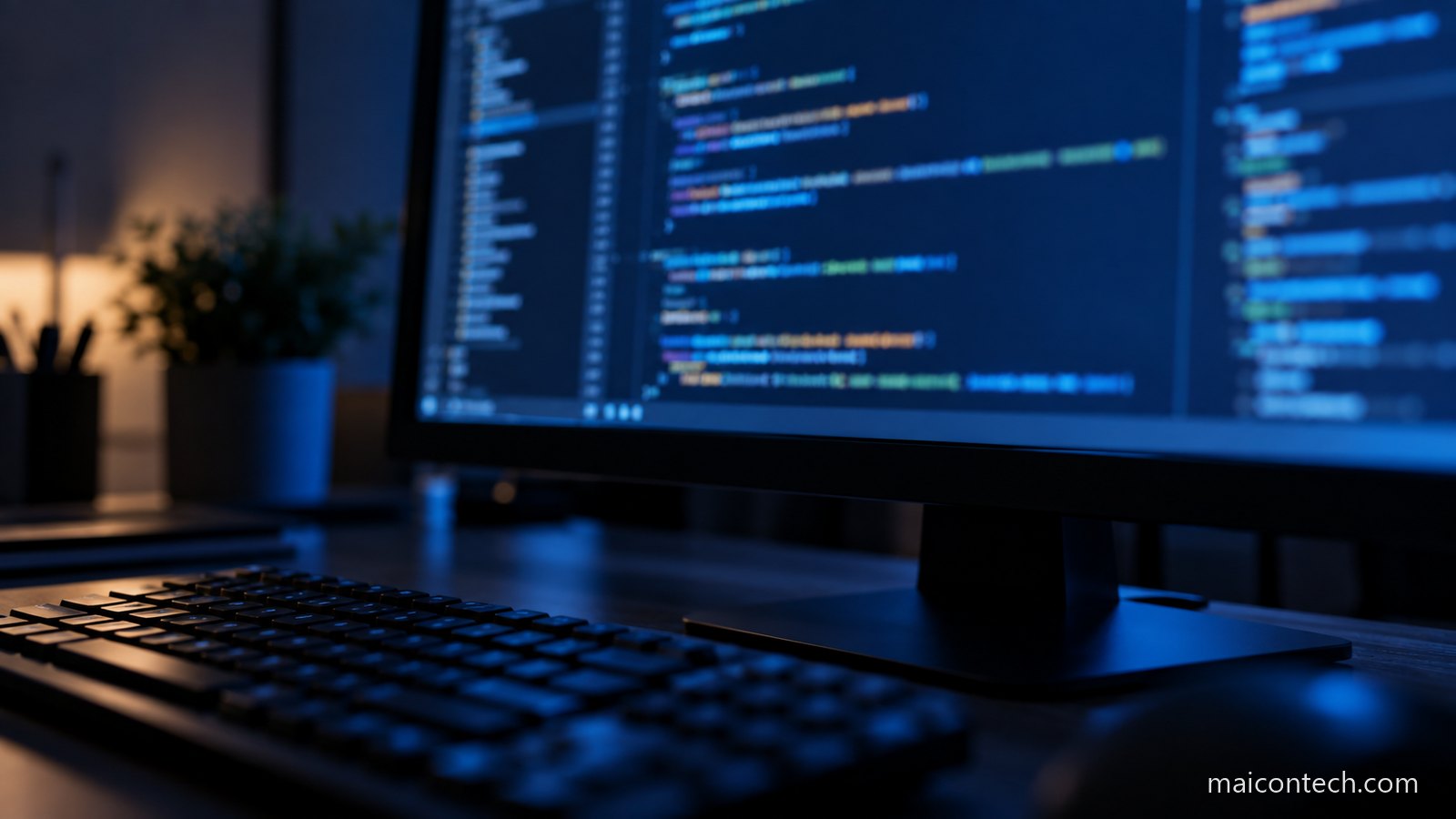 Monitor de computador numa sala escura a mostrar linhas de código desfocadas, com um teclado em primeiro plano e luz azul do ecrã