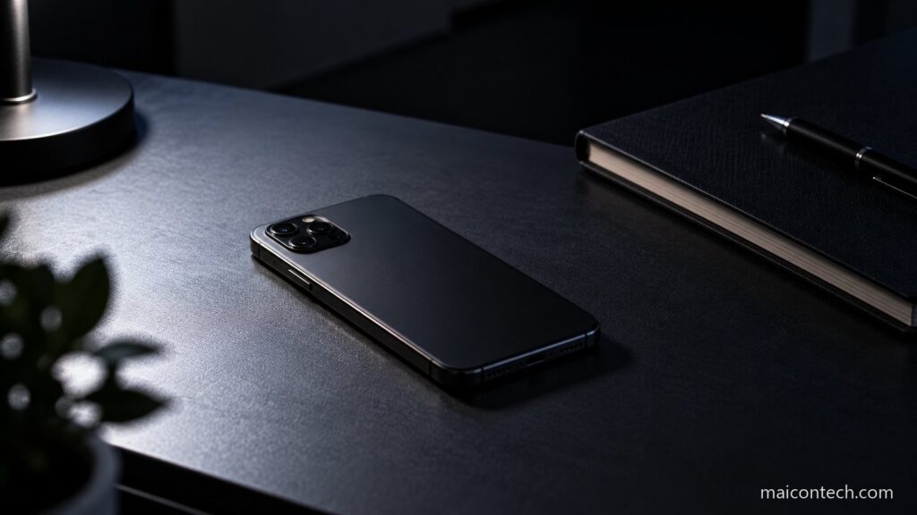 Telemóvel preto pousado com o ecrã virado para baixo numa secretária escura, iluminado de lado, com um caderno fechado e uma caneta ao fundo