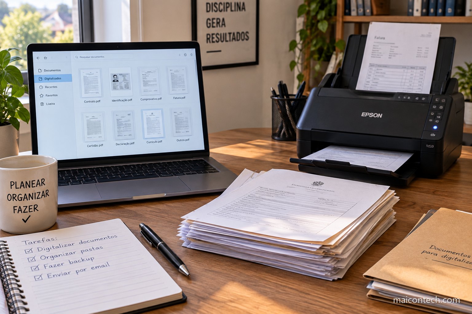 Scanner domestico com uma folha, ao lado de uma pilha de documentos e de um portatil com ficheiros PDF no ecra