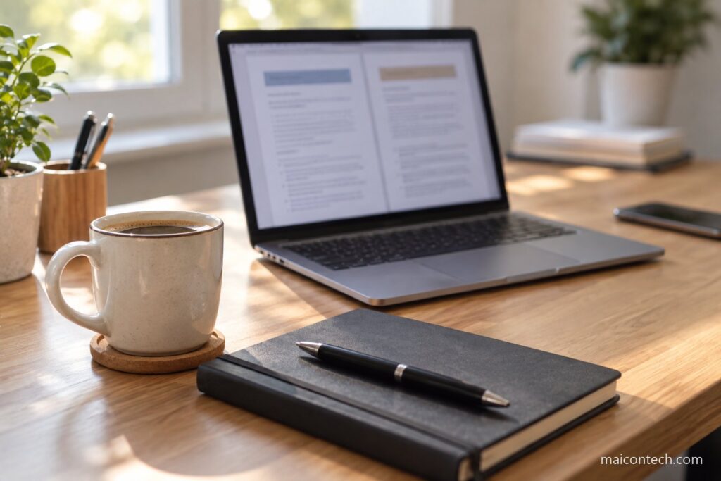 Portatil aberto numa secretaria de madeira a mostrar um documento dividido em duas colunas lado a lado, com uma chavena de cafe e um caderno em primeiro plano