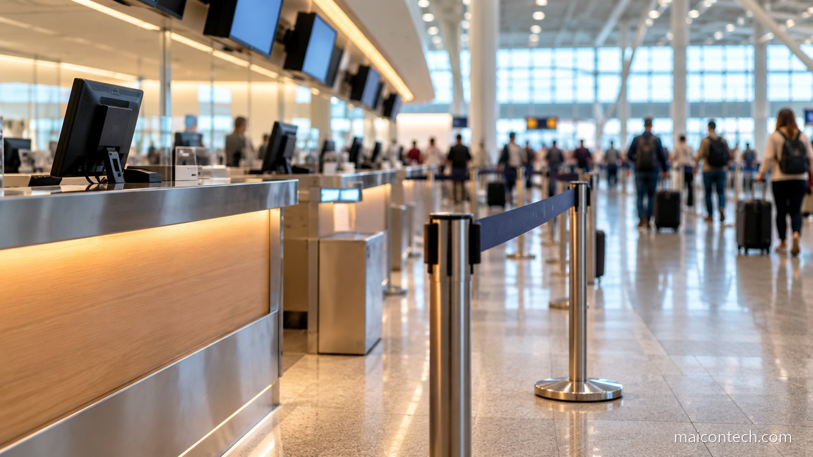 Balcões de check-in de um aeroporto vistos de lado, com barreiras de fila em primeiro plano e passageiros desfocados ao fundo