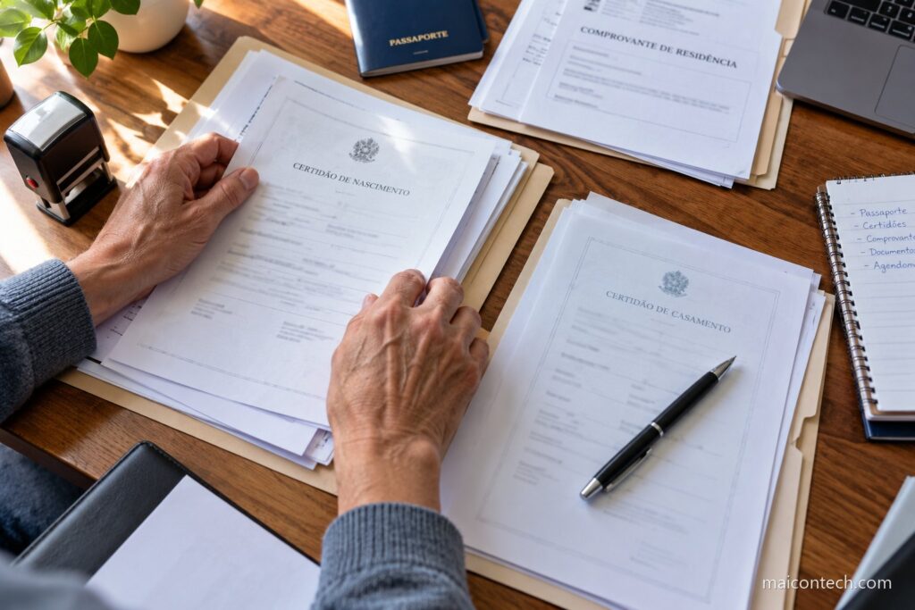 Maos a organizar certidoes, passaporte e um carimbo sobre uma mesa de madeira, com um bloco de notas ao lado