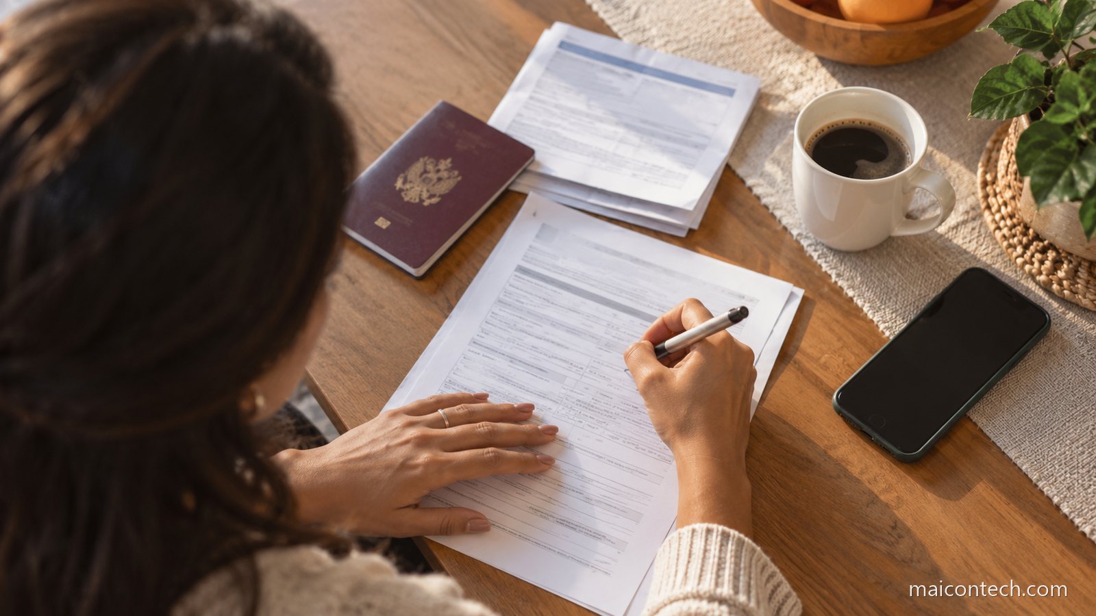Mãos preenchem um formulário em papel na mesa da cozinha, ao lado de um passaporte, um telemóvel e uma chávena de café