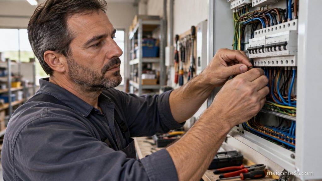 Eletricista concentrado a ligar fios num quadro eletrico, com as maos em primeiro plano e ferramentas ao lado