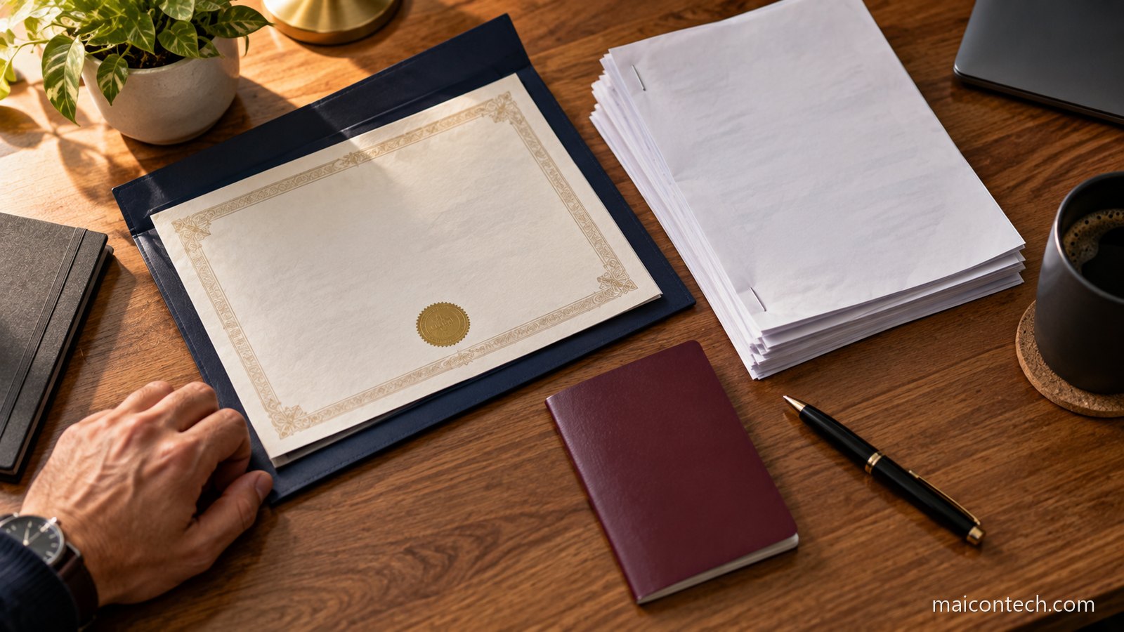 Diploma numa pasta, passaporte, documentos e caneta organizados sobre a mesa