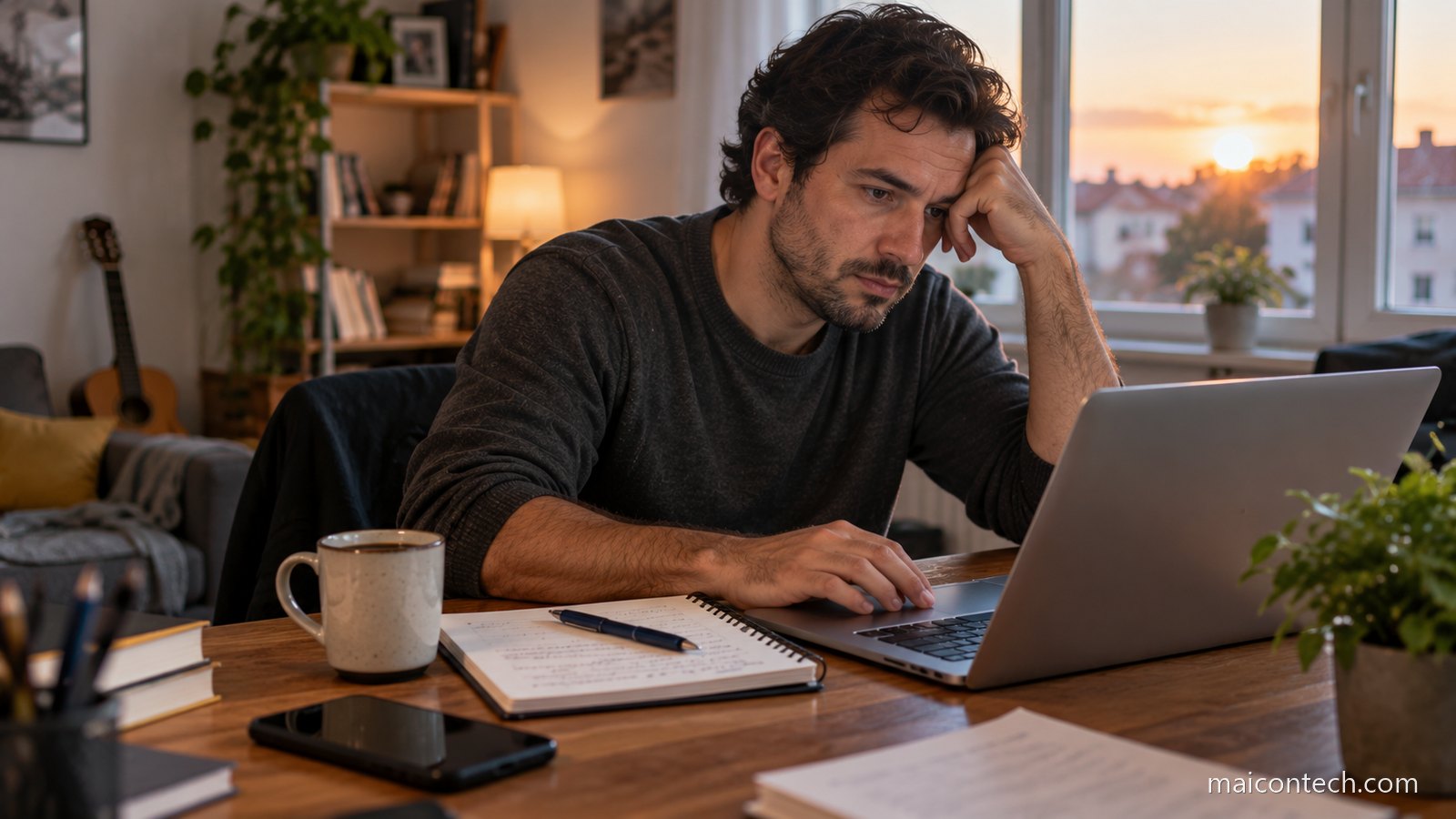 Homem em casa procurando vagas no computador ao fim da tarde, com caderno e caneta ao lado