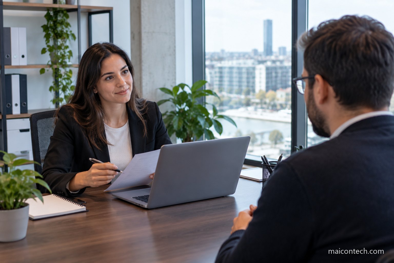 Entrevista de emprego num escritorio moderno, com a entrevistadora a segurar um curriculo e um portatil aberto na mesa