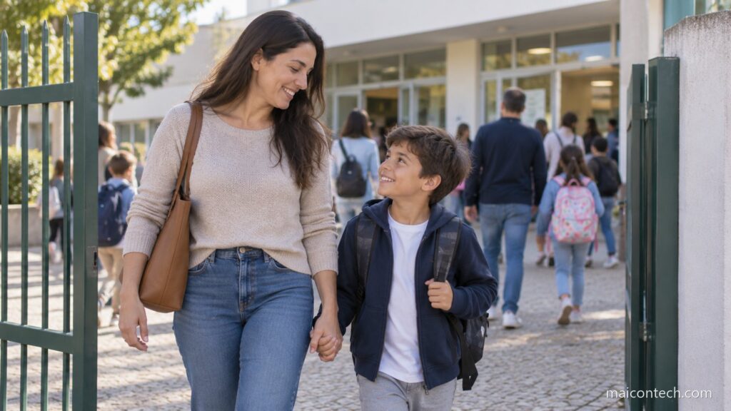 Mãe e filho entram no portão de uma escola primária numa manhã, com outras famílias a chegar