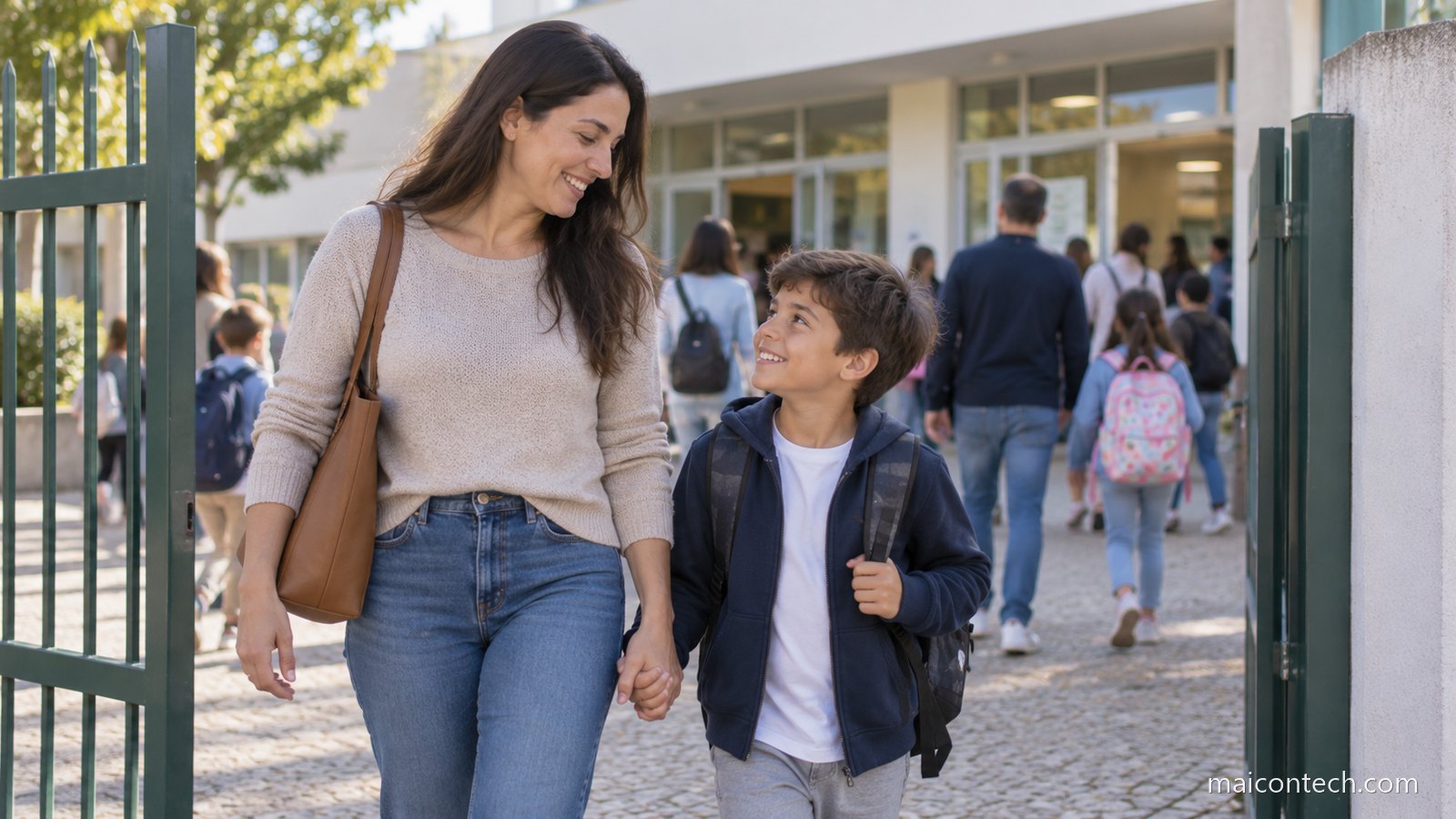 Mãe e filho entram no portão de uma escola primária numa manhã, com outras famílias a chegar