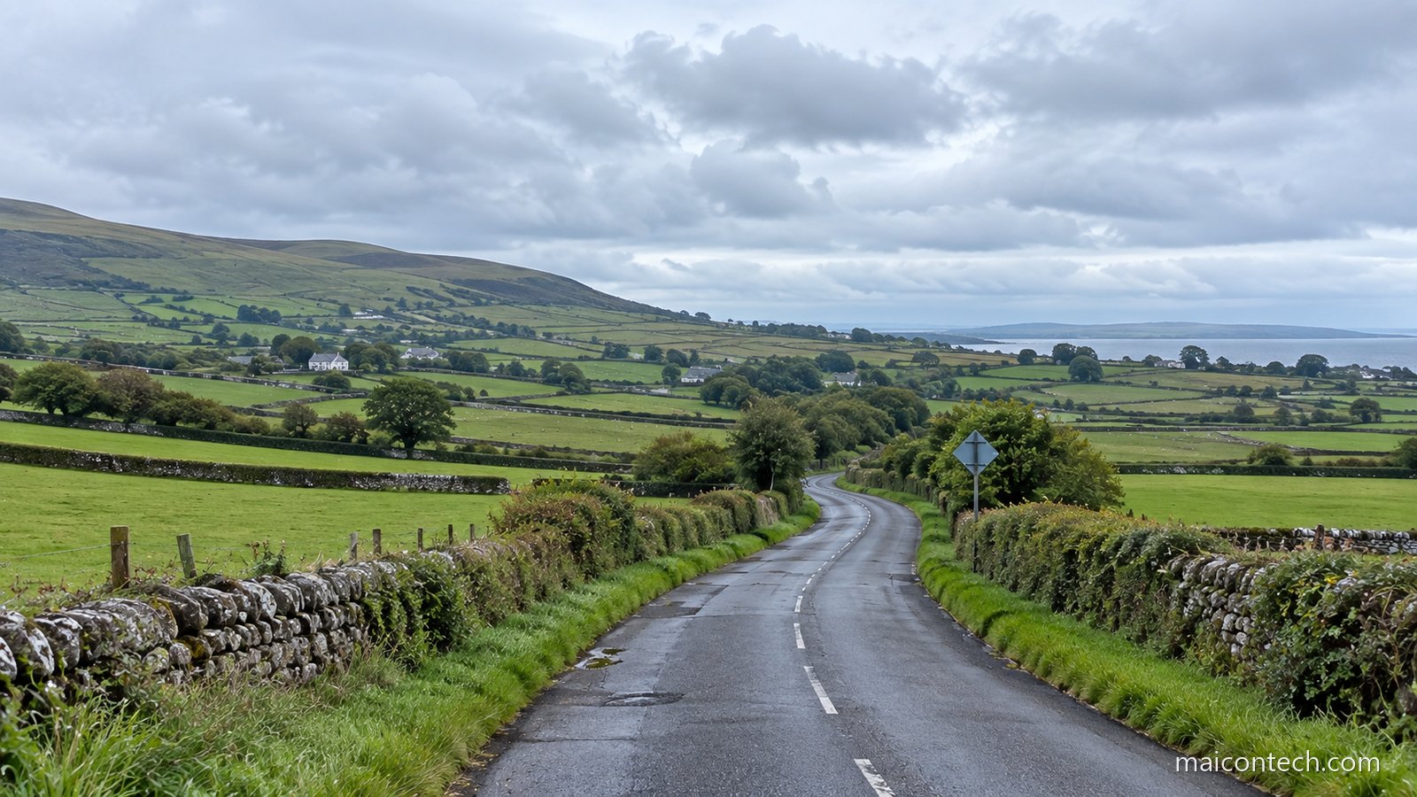 Estrada rural a atravessar campos verdes divididos por muros de pedra e sebes na ilha da Irlanda, com o mar ao fundo