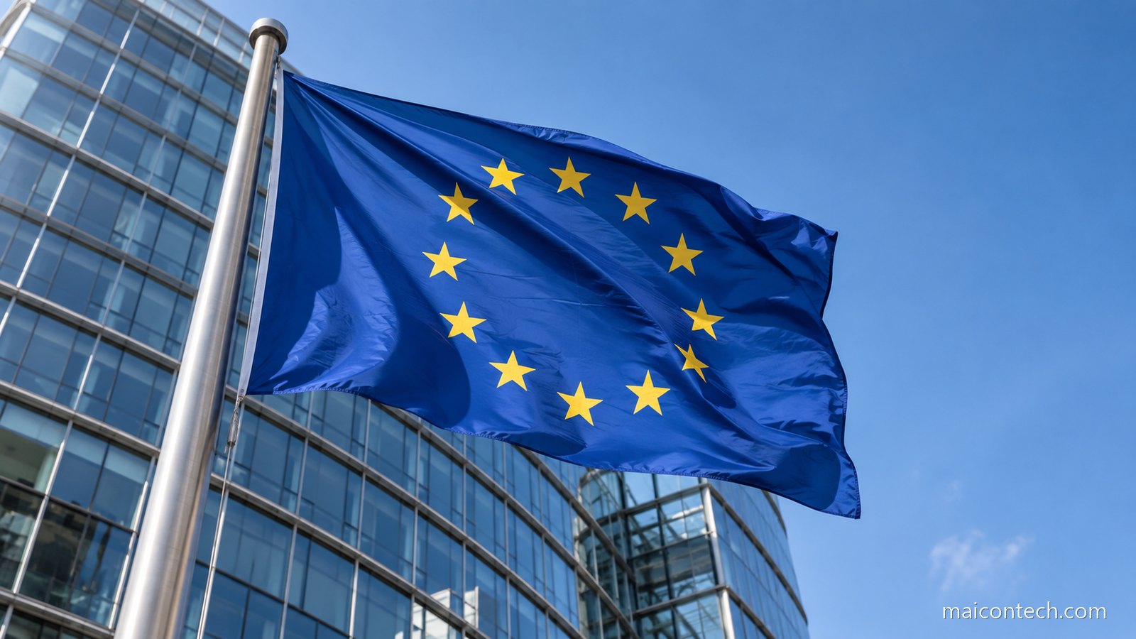 Bandeira da União Europeia a tremular diante de um edifício moderno de vidro