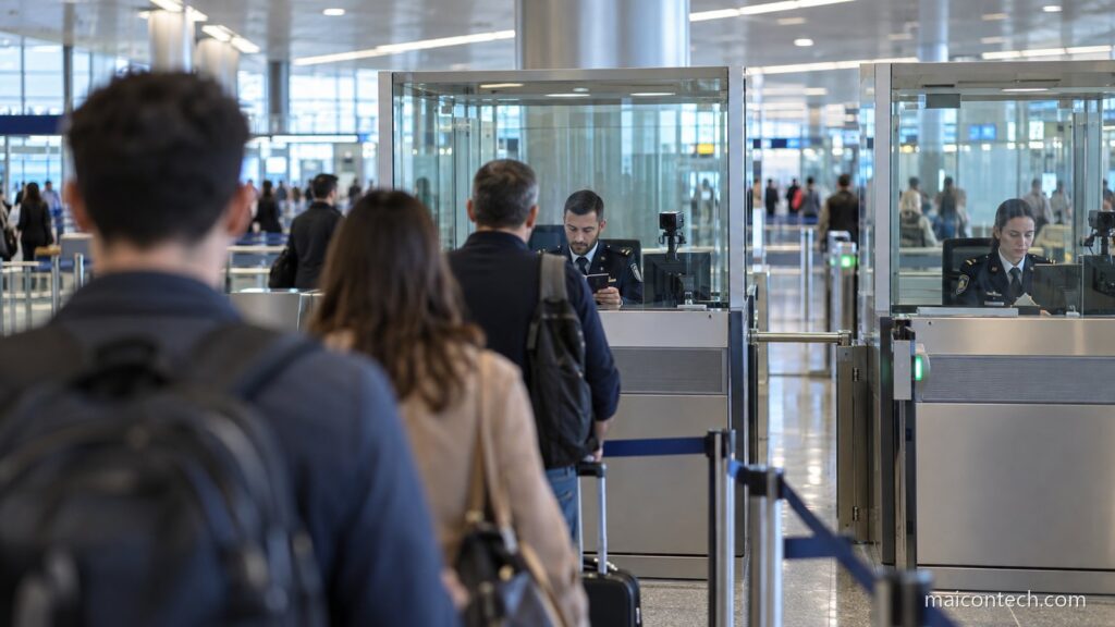 Controlo de fronteira num aeroporto europeu com viajantes em fila diante das cabinas