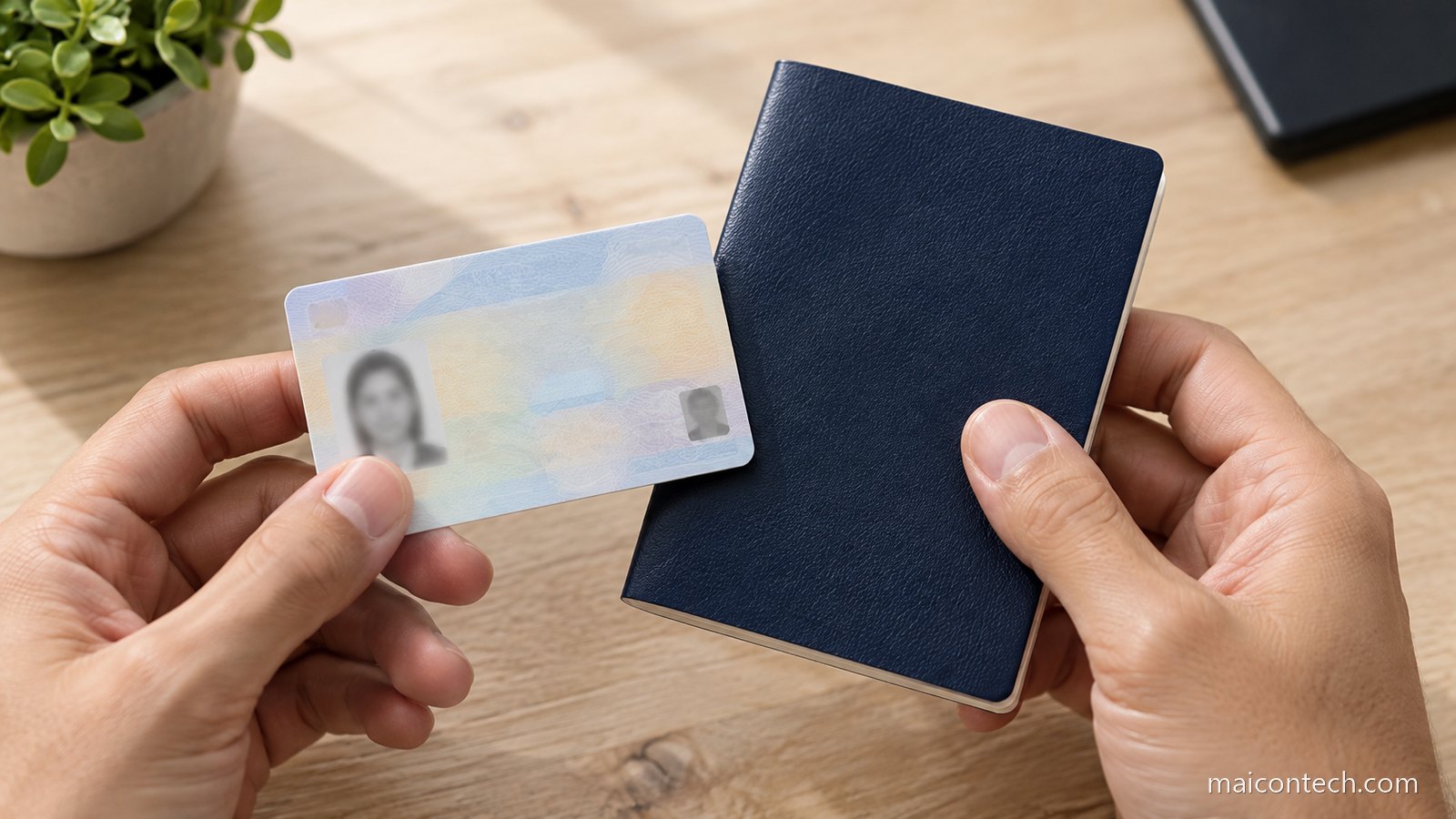Mãos a segurar um cartão de residência e um passaporte sobre uma mesa de madeira