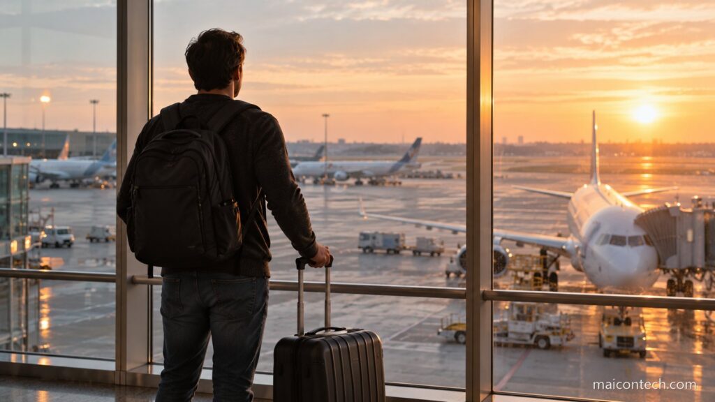 Pessoa de costas com mochila e mala olhando os aviões pela janela do aeroporto ao amanhecer