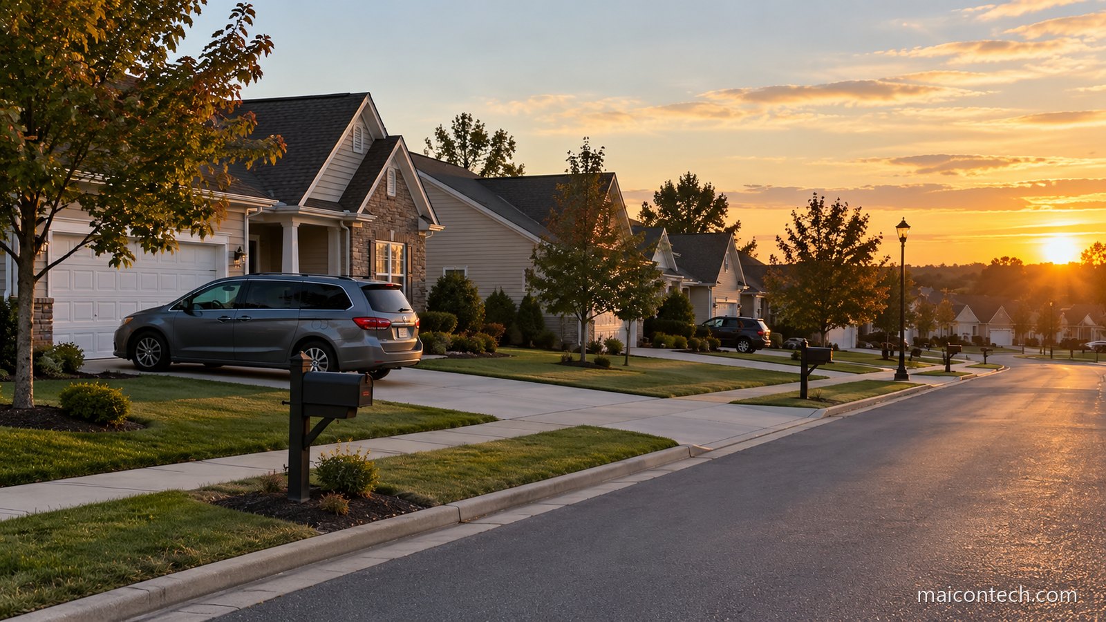 Rua residencial de suburbio norte-americano ao fim da tarde, com casas unifamiliares, entradas de carro e caixas de correio