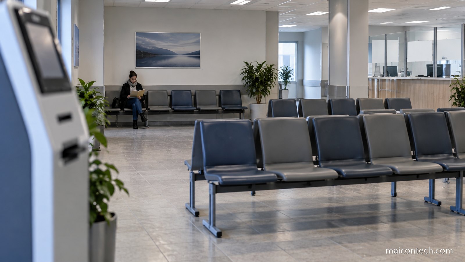 Sala de espera institucional com fileiras de cadeiras e uma pessoa sentada segurando uma pasta de documentos