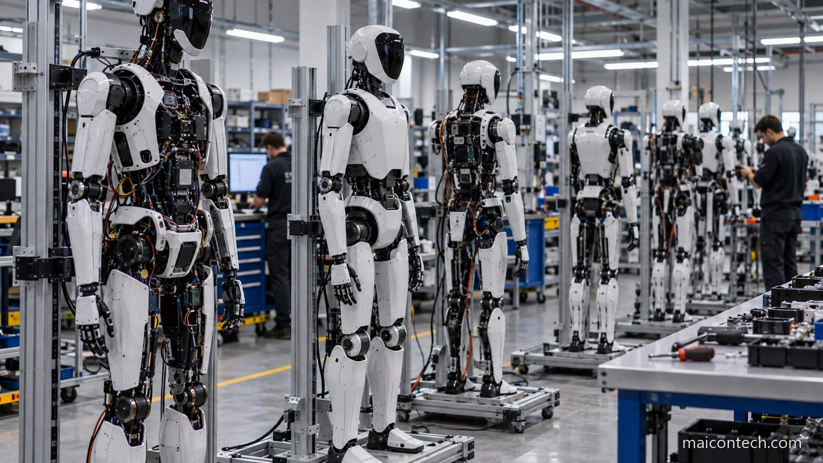 Varios robos humanoides em suportes de montagem numa fabrica de robotica, com tecnicos a trabalhar ao fundo