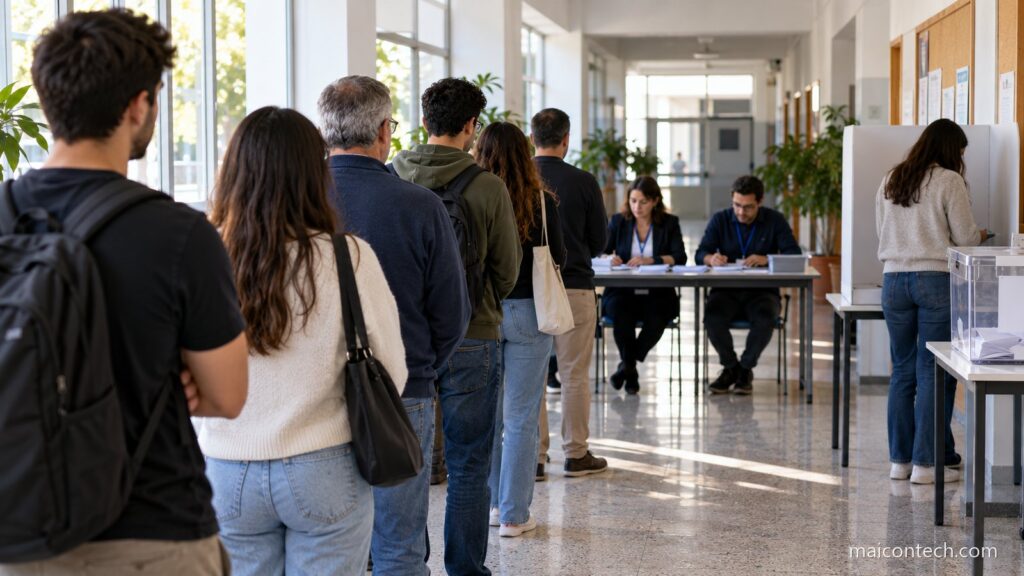 Fila de pessoas a aguardar para votar num corredor de faculdade, com mesa de mesarios e cabine ao fundo