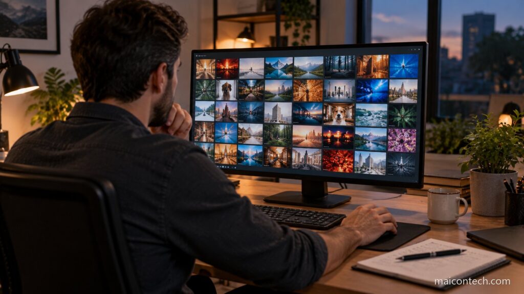 Homem diante de um monitor grande com uma grelha de dezenas de imagens pequenas geradas