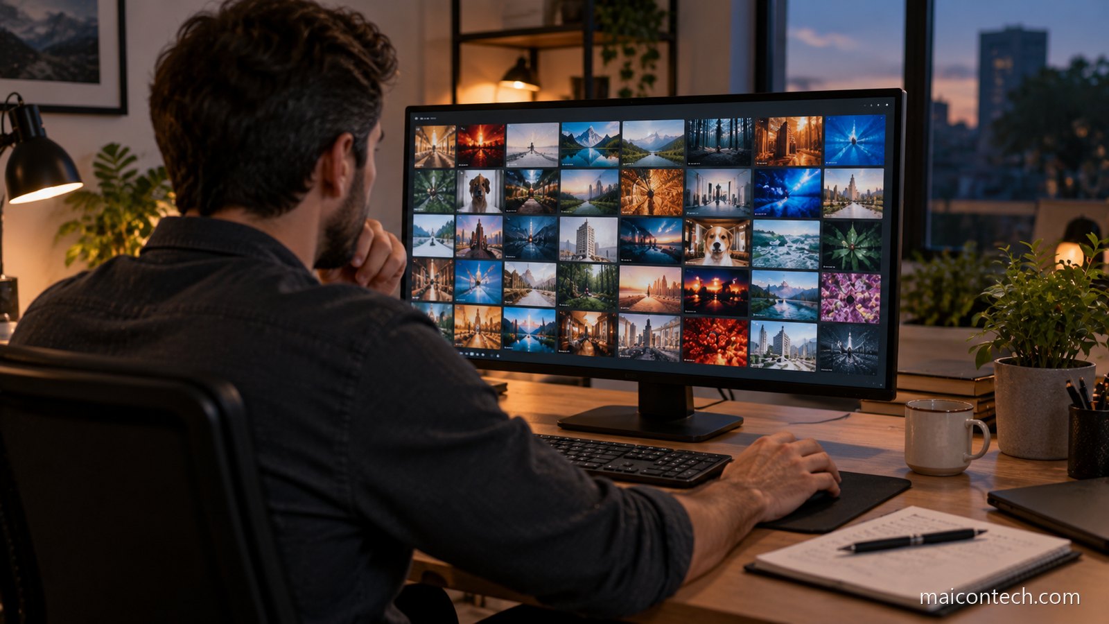 Homem diante de um monitor grande com uma grelha de dezenas de imagens pequenas geradas
