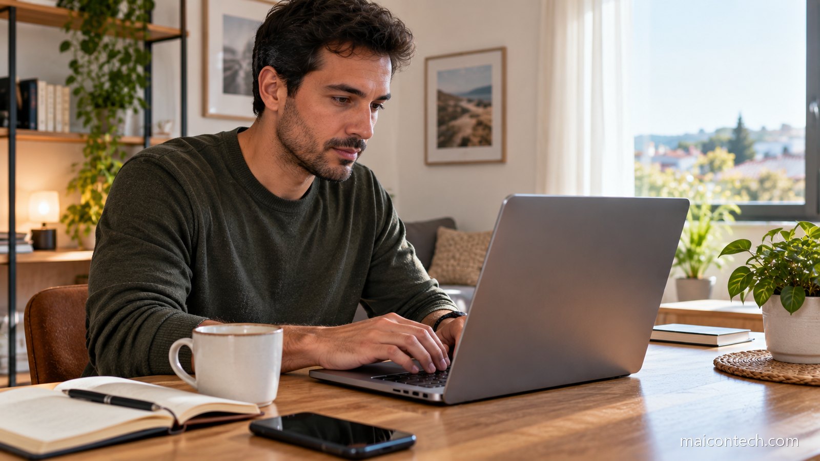 Homem sentado a mesa de casa a escrever num portatil, com chavena e caderno ao lado