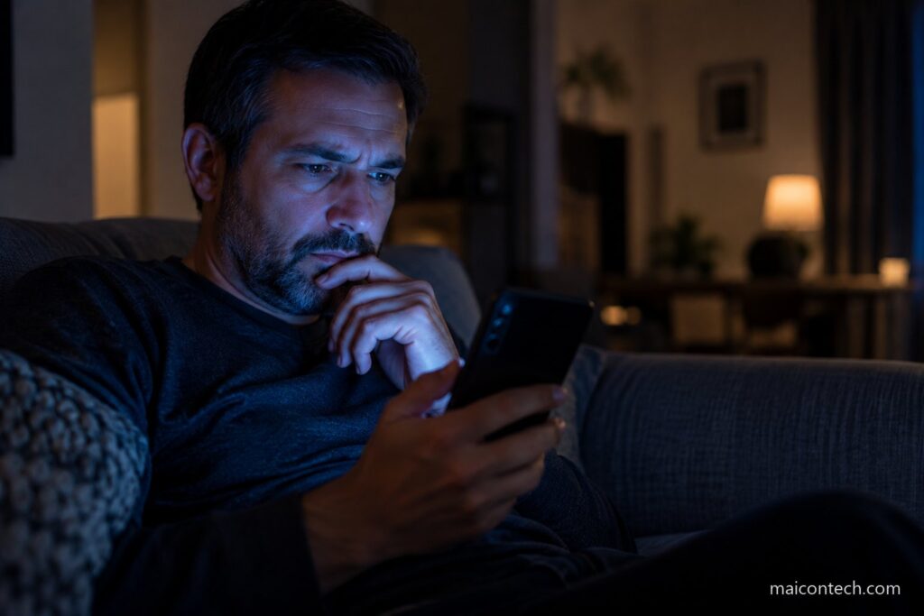 Homem de meia-idade sentado no sofa a noite, iluminado pela luz do telemovel que segura, com expressao de duvida