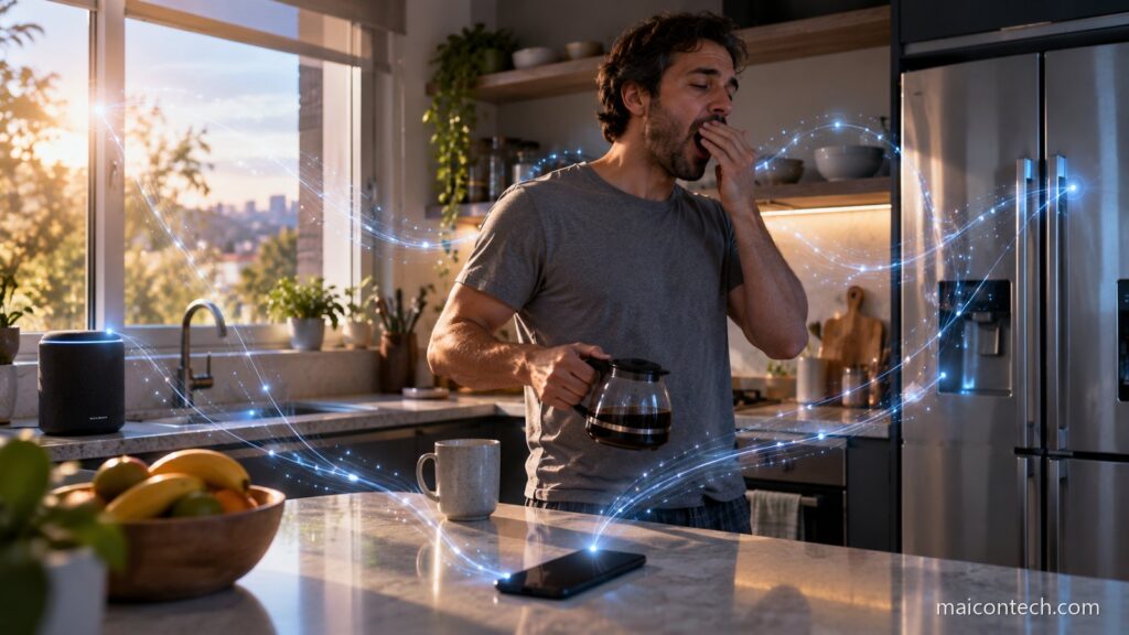 Homem prepara cafe na cozinha enquanto fios de luz ligam os aparelhos a volta dele