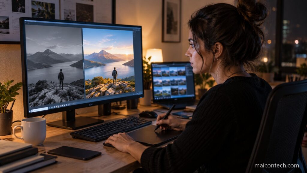 Mulher edita uma fotografia num monitor que mostra a mesma imagem em preto e branco e a cores, usando uma caneta sobre mesa digitalizadora