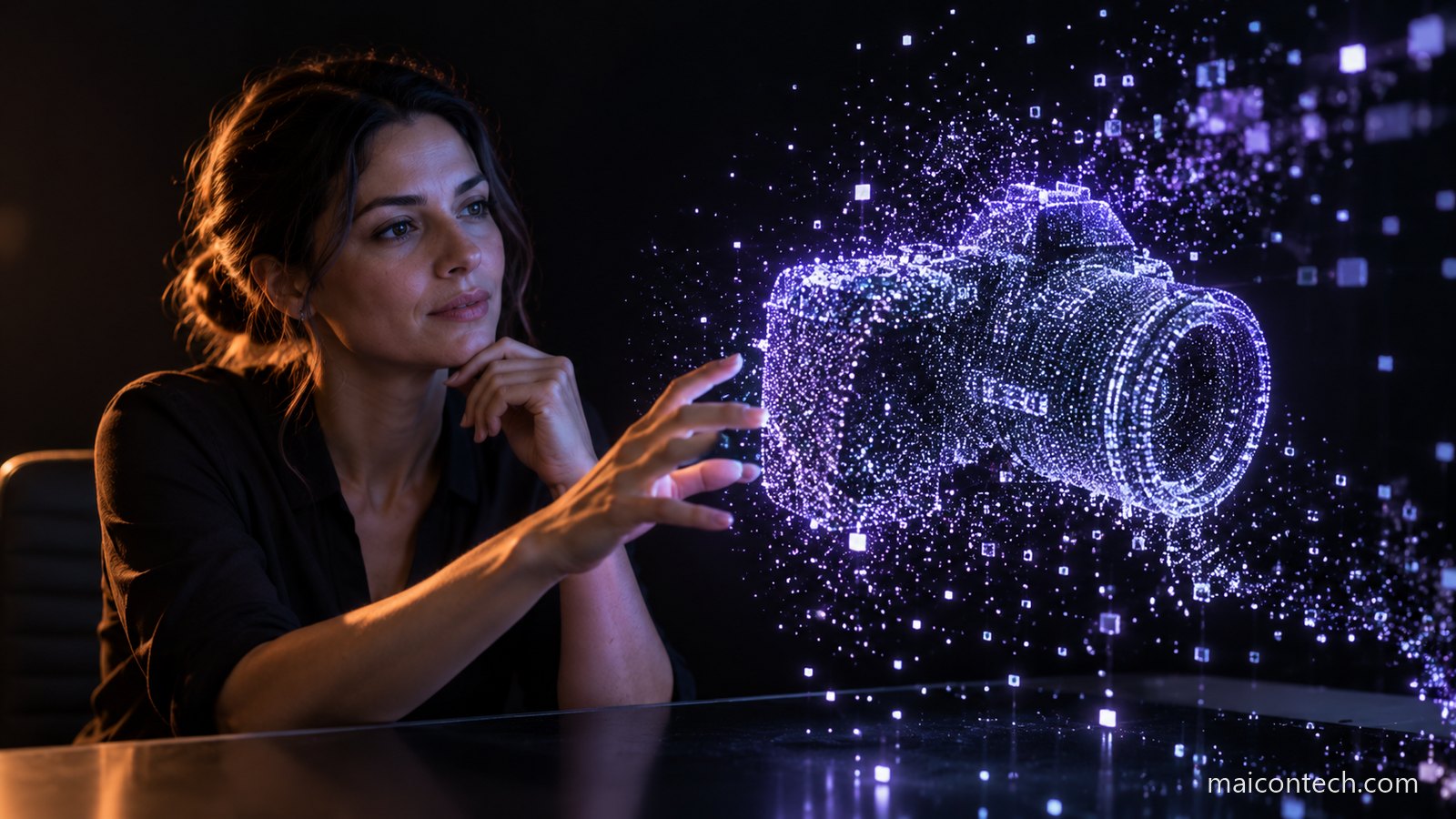 Mulher observa uma forma a compor-se no ar a partir de particulas de luz, num estudio escuro