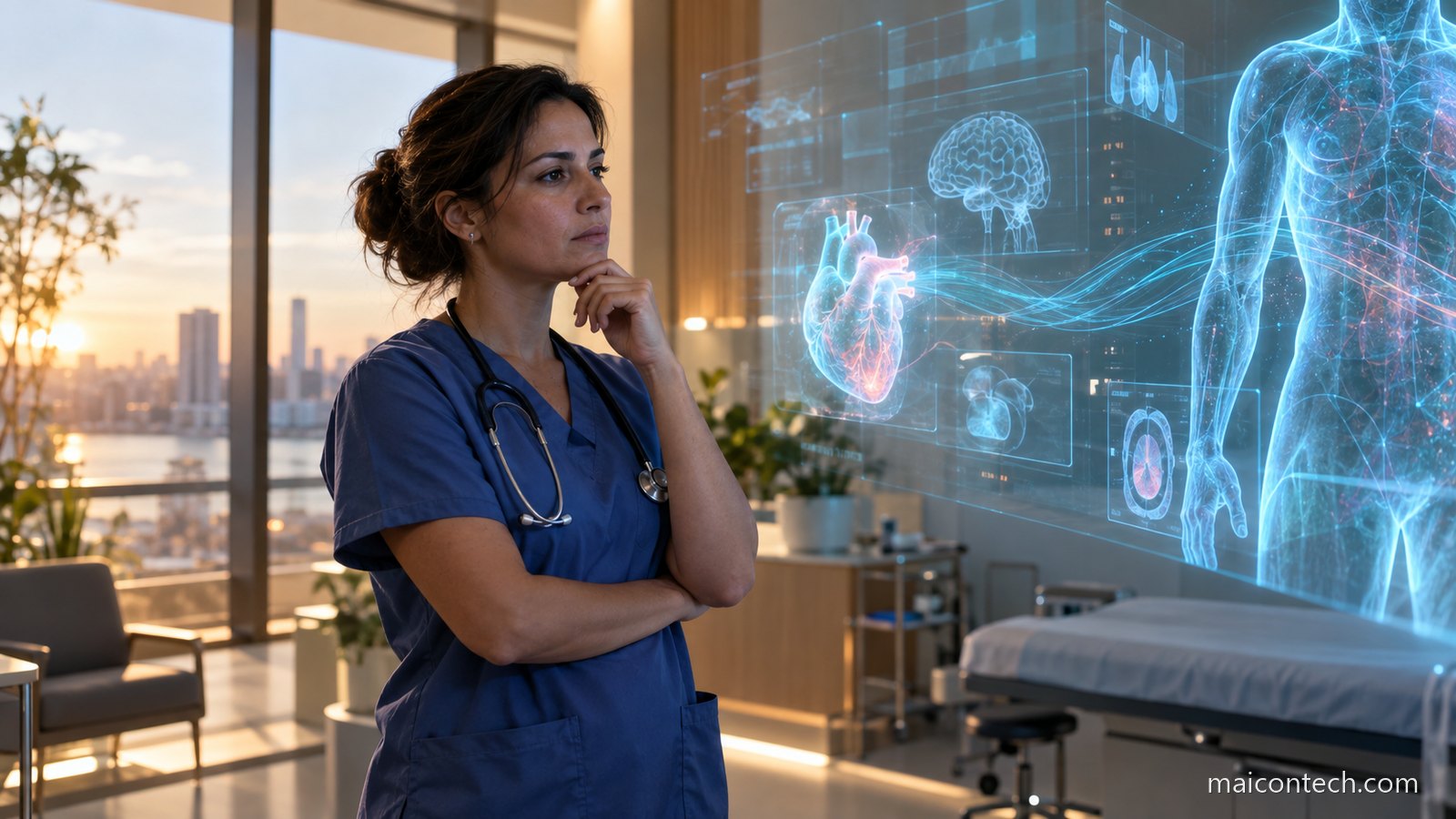 Medica de farda azul observa um painel holografico com imagens anatomicas num consultorio, com a mao no queixo a pensar