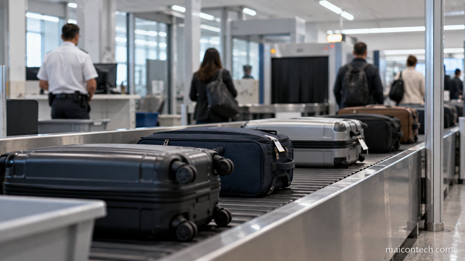 Malas de viagem num tapete de bagagens junto ao controlo alfandegário