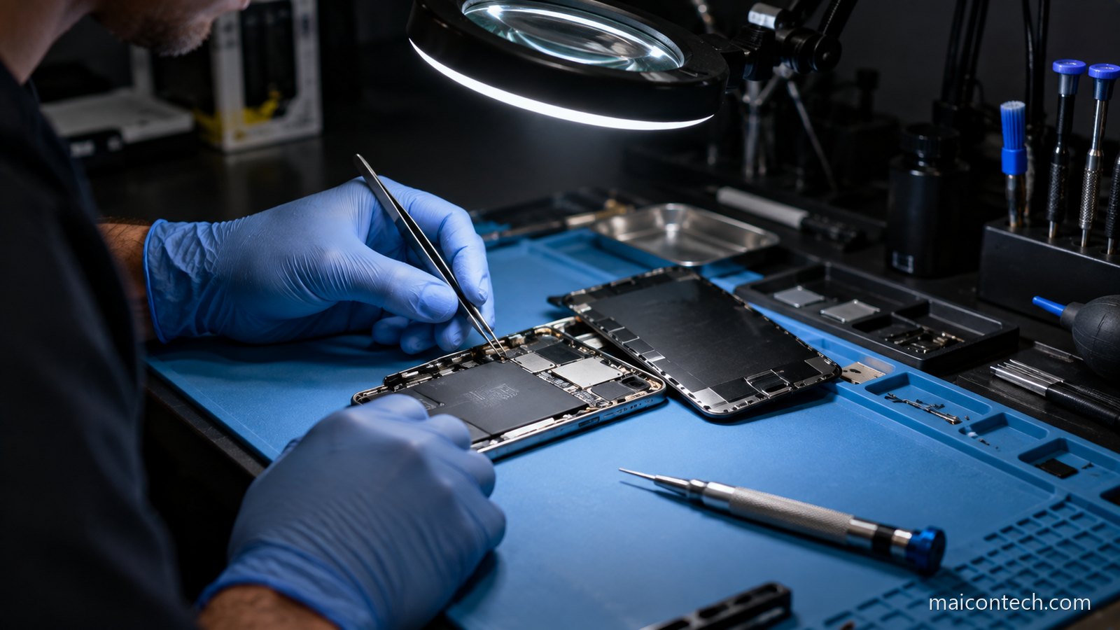 Técnico a reparar um telemóvel numa bancada de assistência
