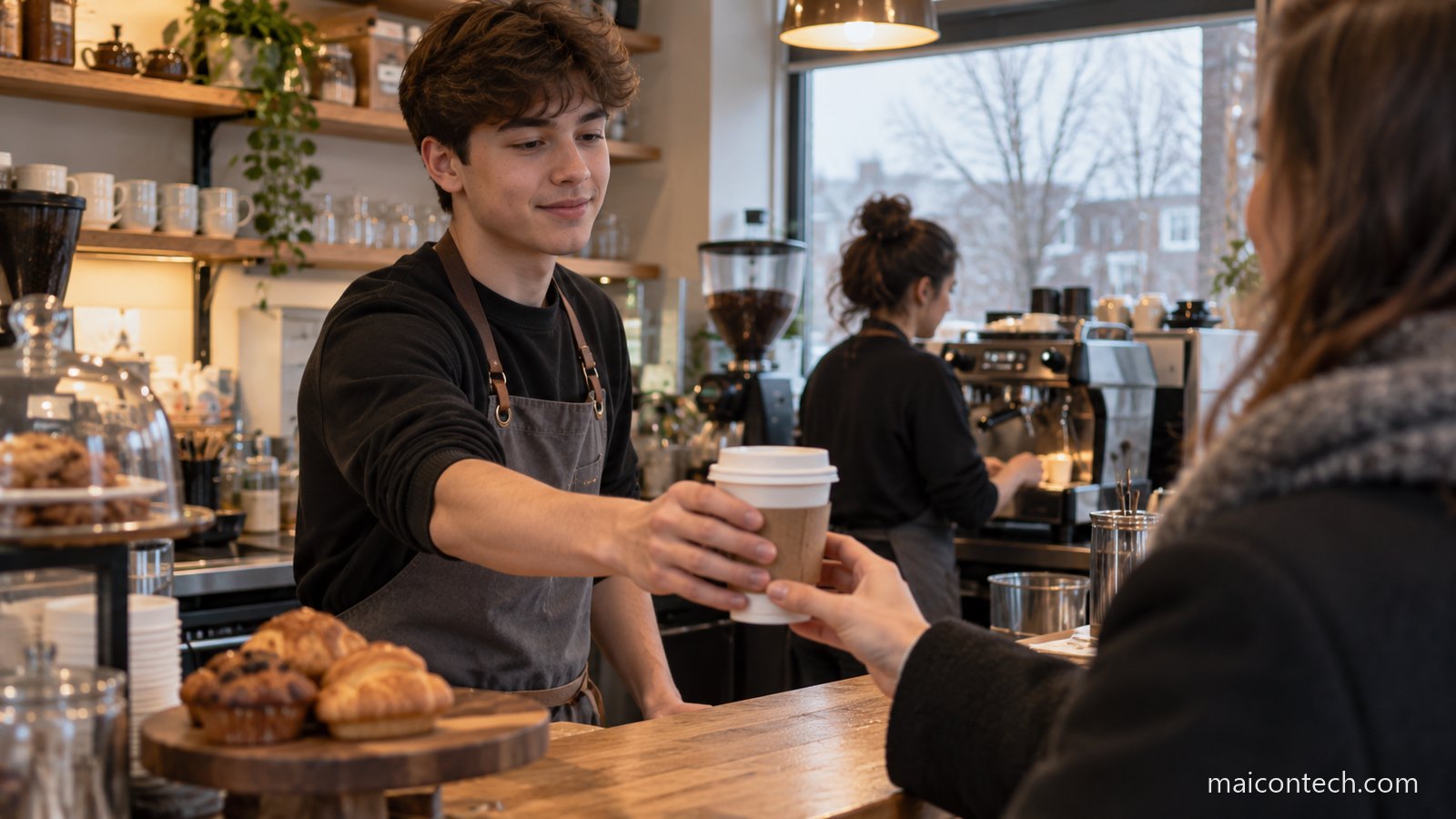 Jovem de avental entregando um copo de café a uma cliente atrás do balcão de uma cafeteria