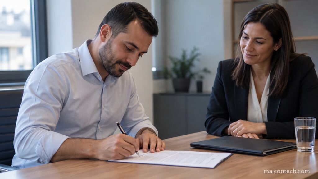 Trabalhador de camisa clara a assinar um contrato de trabalho numa mesa de escritorio, com a nova empregadora sentada do outro lado