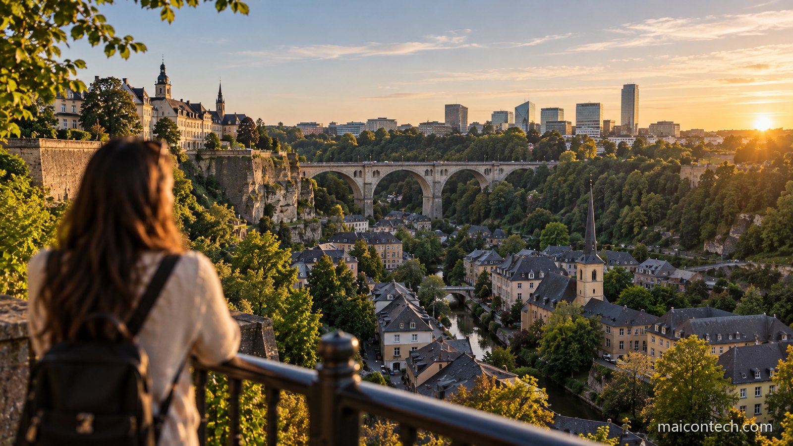 Mulher de mochila observa o vale da cidade do Luxemburgo ao por do sol, com o viaduto de pedra e os predios altos ao fundo