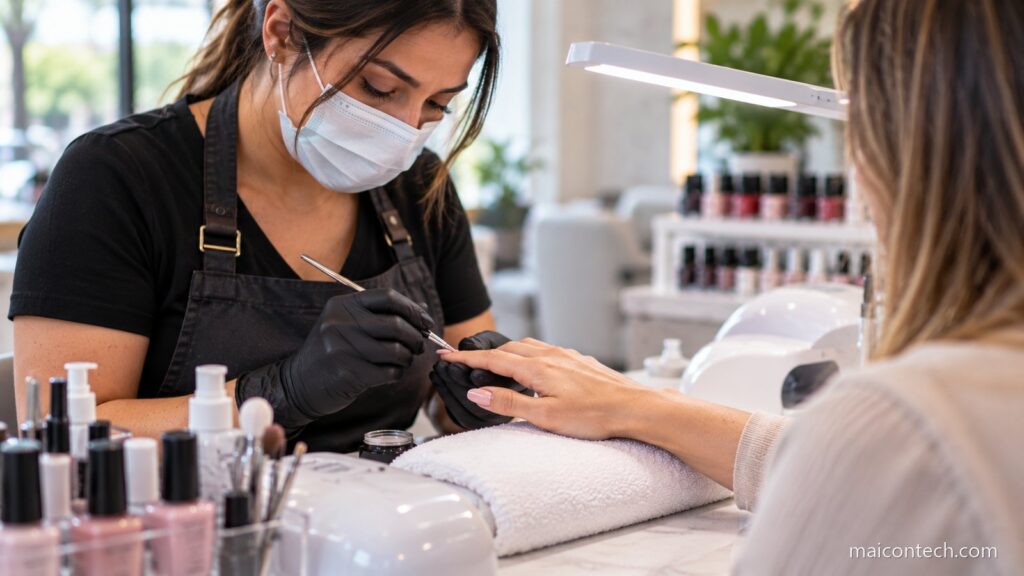 Manicure profissional de mascara e luvas a trabalhar nas unhas de uma cliente num salao moderno