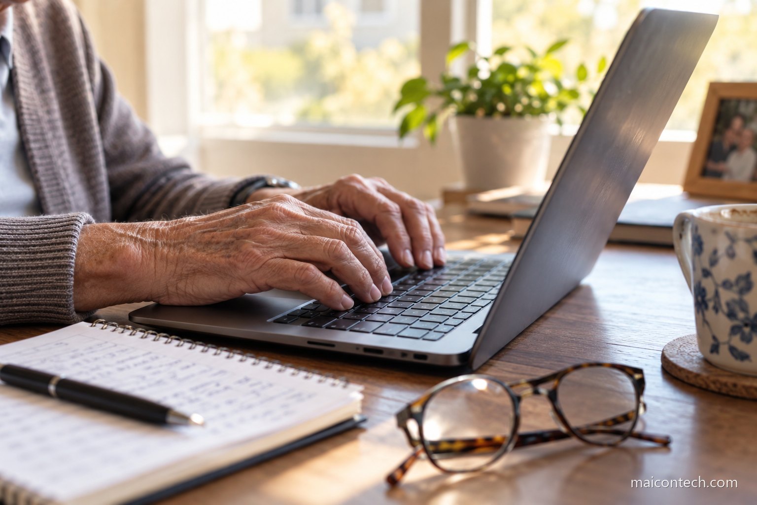 Maos de uma pessoa idosa a escrever no teclado de um portatil, com bloco de notas, caneta e oculos pousados na mesa