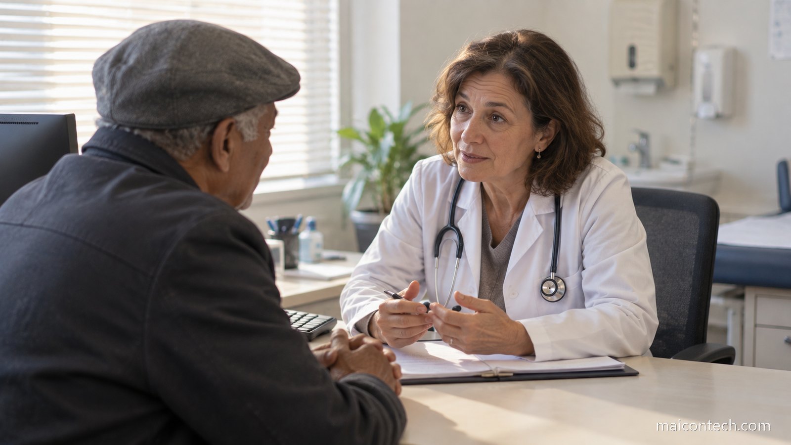 Médica de família conversa com um paciente mais velho numa sala de consulta simples