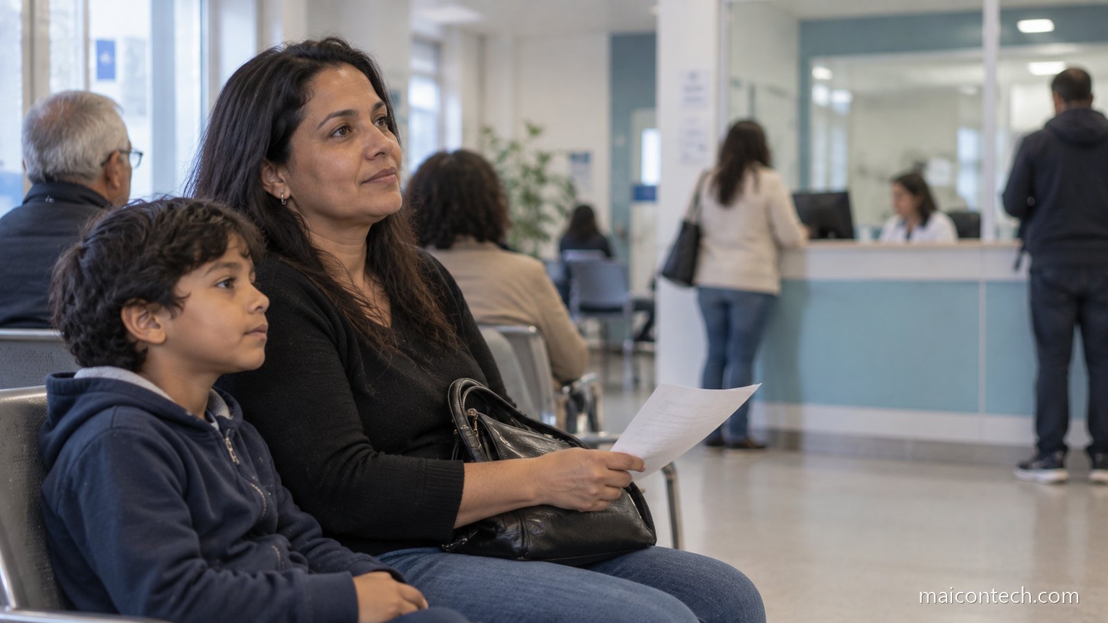 Mulher espera com o filho pequeno na sala de espera de um centro de saúde, com um papel na mão