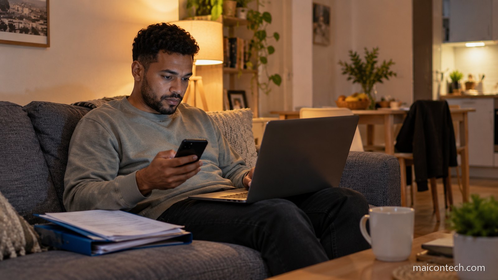 Homem sentado no sofá usa o computador portátil com o telemóvel na mão e uma pasta de documentos ao lado