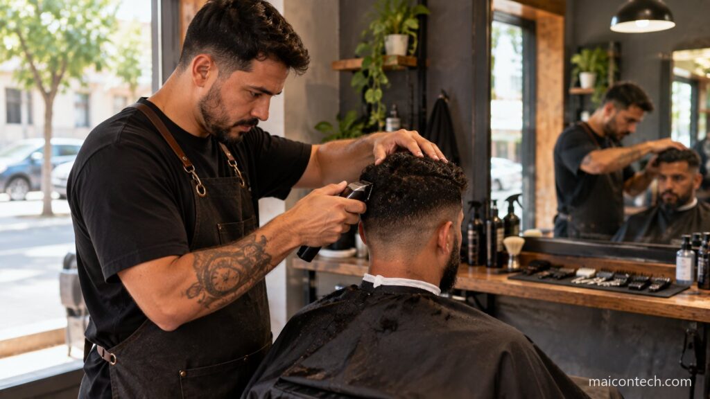 Barbeiro a cortar o cabelo de um cliente numa barbearia moderna, exemplo de profissao manual com procura no estrangeiro