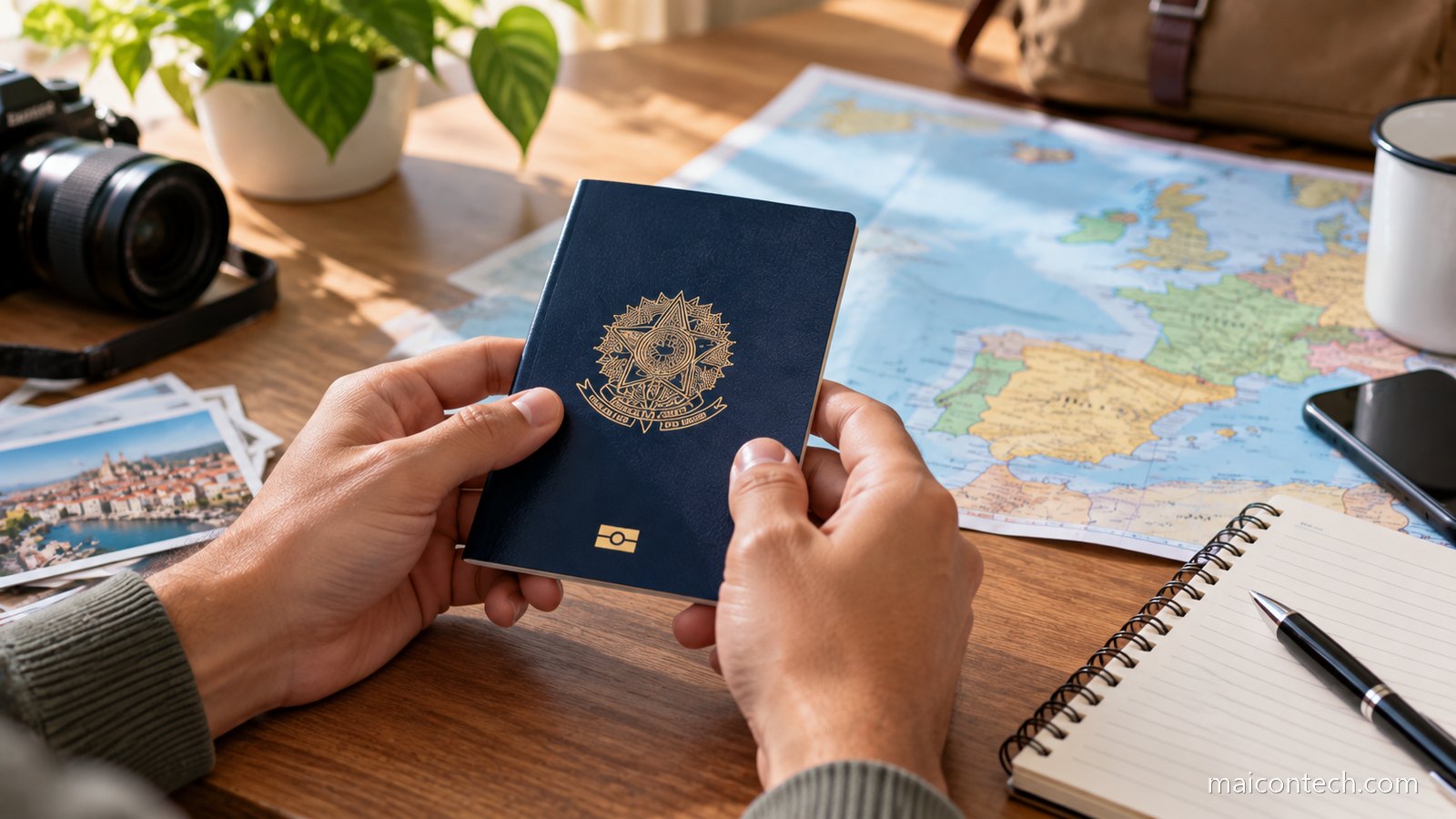 Mãos segurando um passaporte brasileiro sobre um mapa