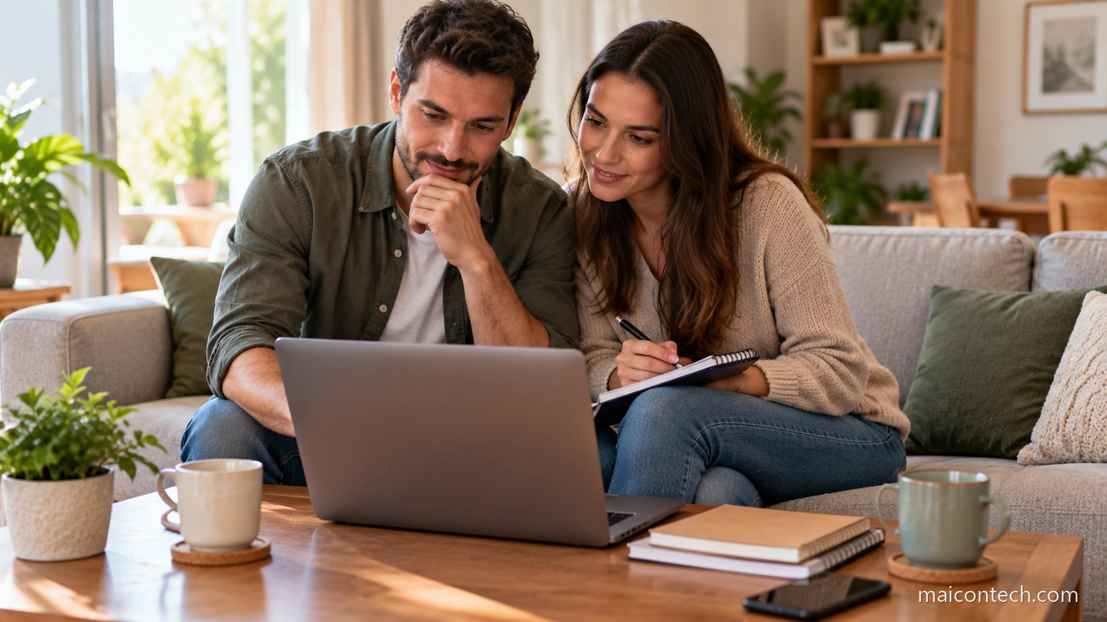 Casal no sofá planejando a mudança no computador