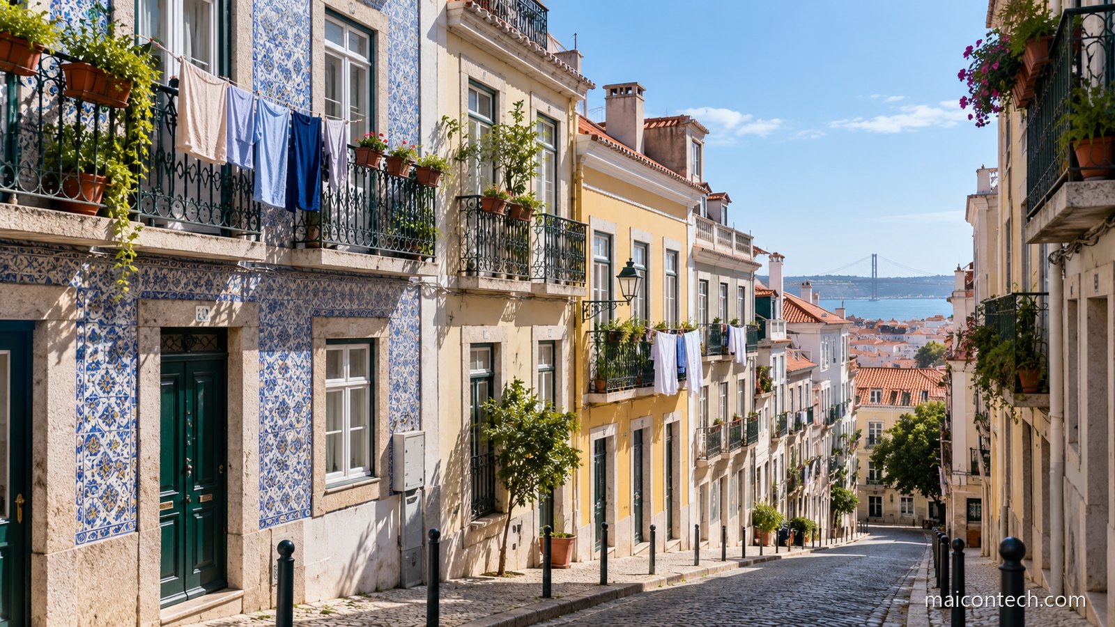 Rua residencial portuguesa com prédios de azulejo