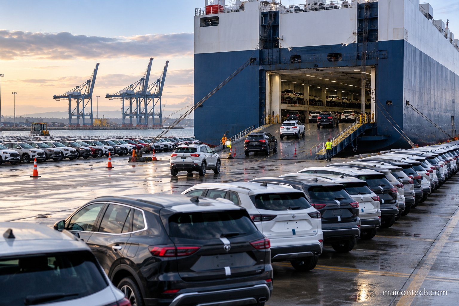 Navio de transporte de automoveis atracado num porto, com filas de carros novos alinhados no cais